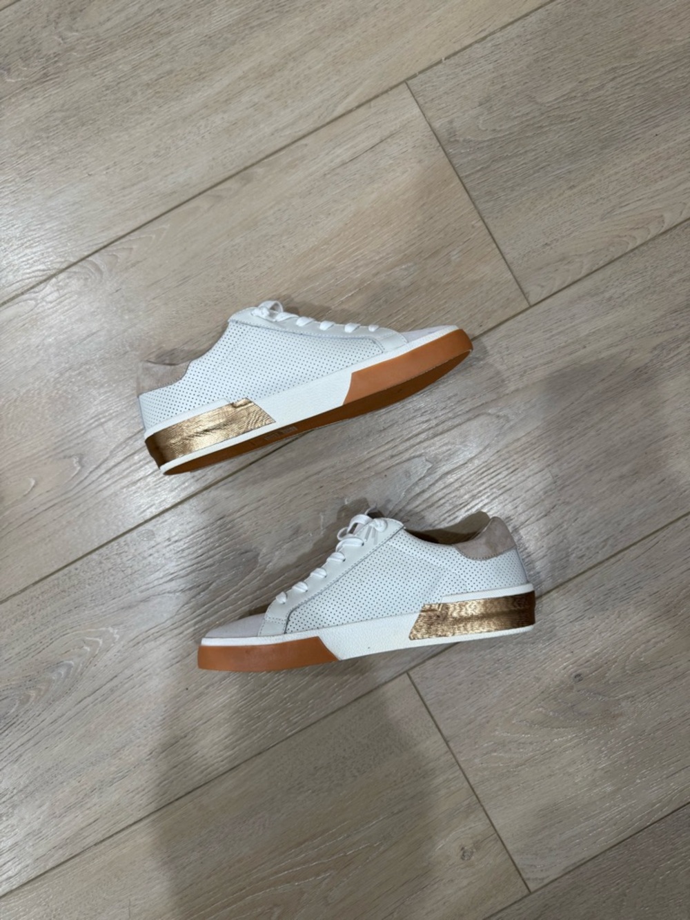 Dolce Vita White Sneakers with Metallic Gold Heel and Gum Sole